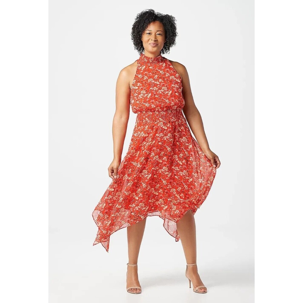 NWT Sam Edelman Halter Handkerchief Hem Coral Orange Floral Prairie Dress Size S